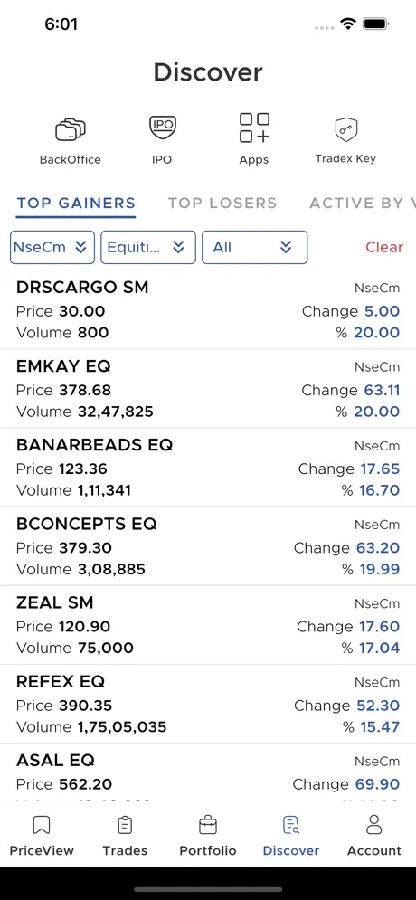 Parasram Money app Discover tab with top gainers, IPO and back office shortcuts