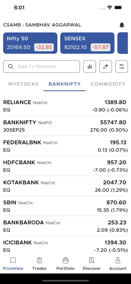 Parasram Money app watchlist screen with Nifty 50 and Sensex prices and a Bank Nifty stock list
