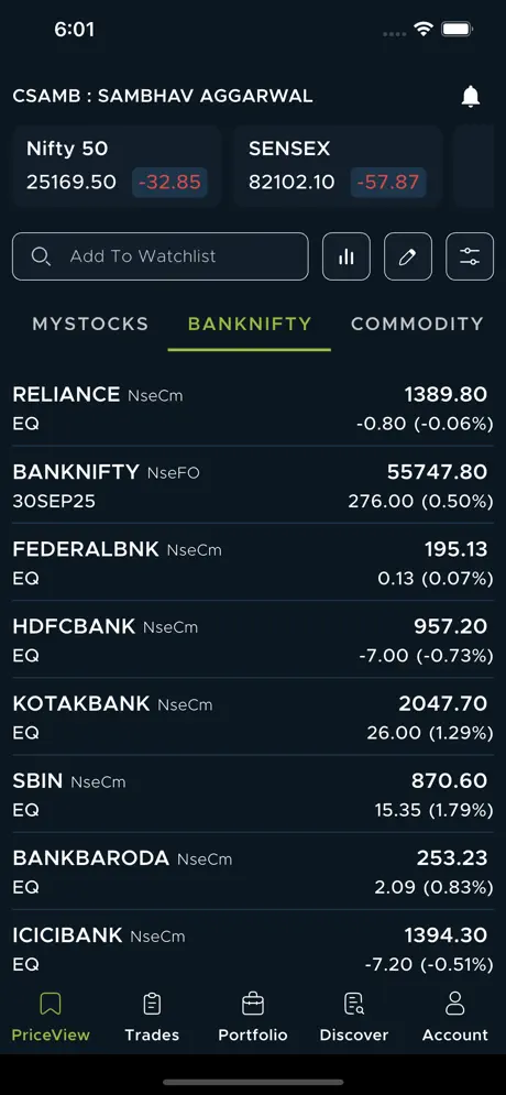 Parasram Money app watchlist in dark mode