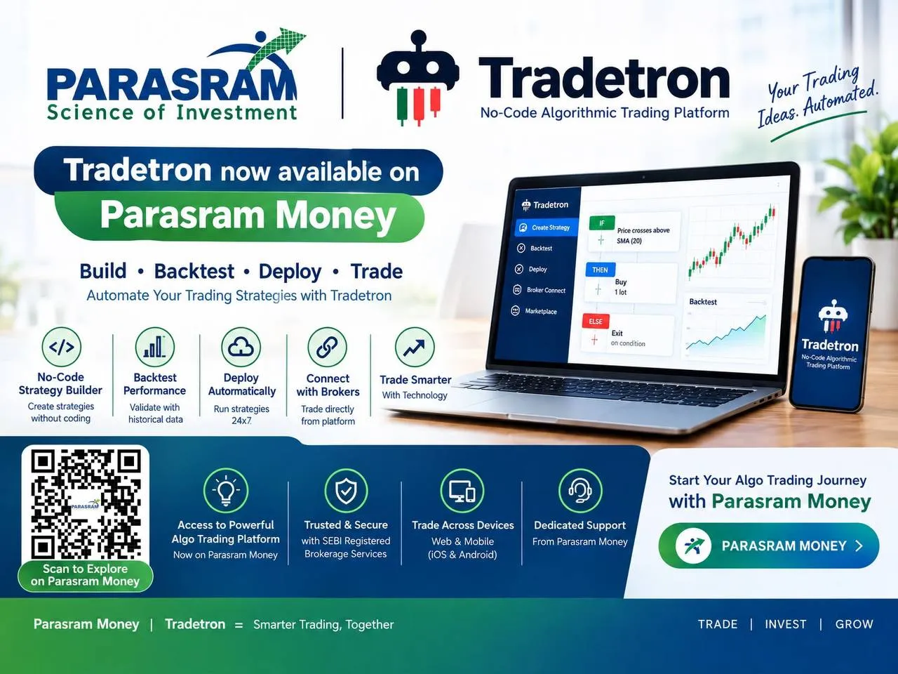Tradetron no-code algo trading now available on the Parasram Money app: build, backtest, deploy and trade strategies