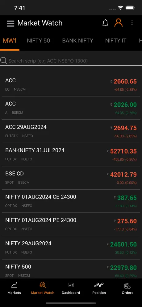 Parasram Trade app market watch list with stocks, futures and options