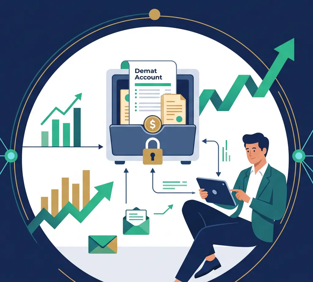 An investor managing a secure demat account holding shares and statements from a tablet