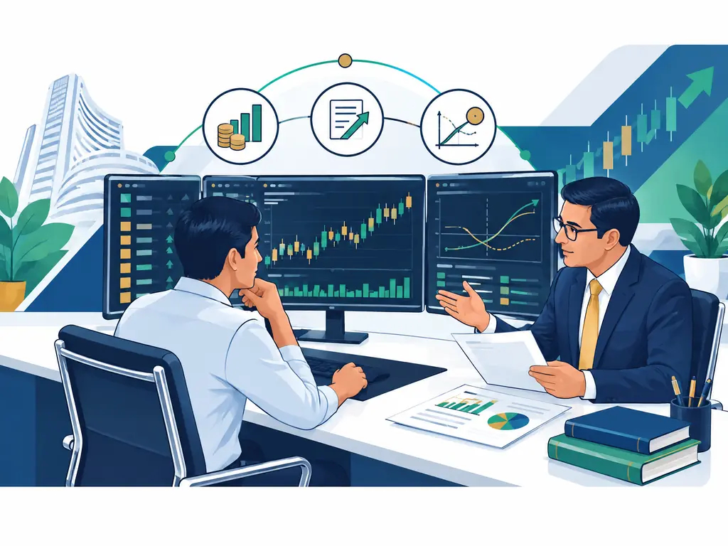 A senior advisor mentoring a trader through candlestick charts at a multi-screen desk