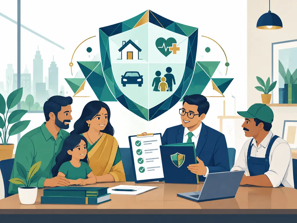 An advisor explaining health, home and vehicle insurance cover to an Indian family